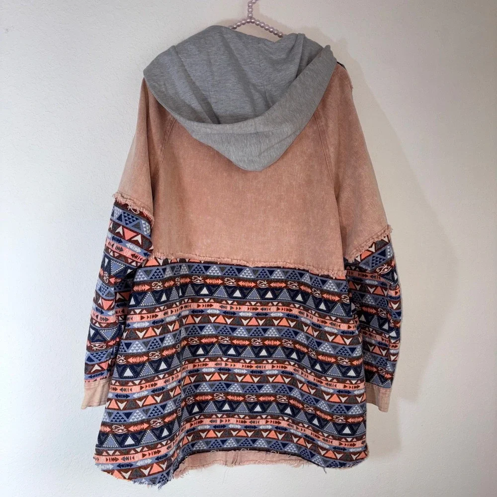Olie & Hali  Hooded Shacket Large Peach Southwestern Distressed Boho jacket